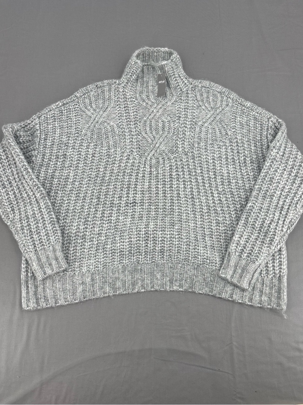 aerie Light Gray Cable Knit Turtleneck Sweater